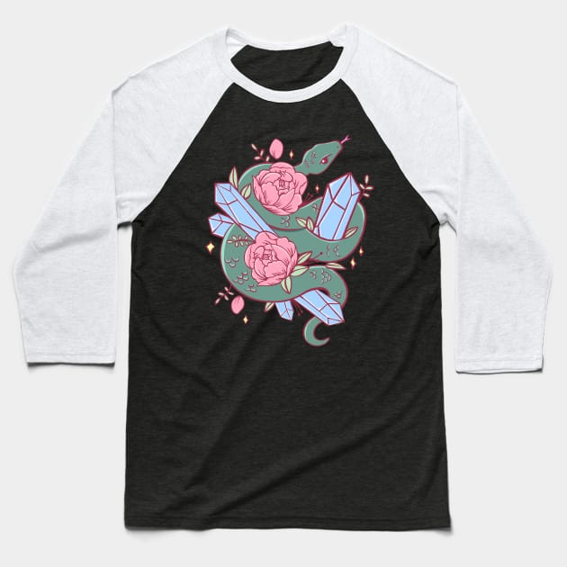 Green Snake with Peonies and Blue Crystals Baseball T-Shirt by lulubee